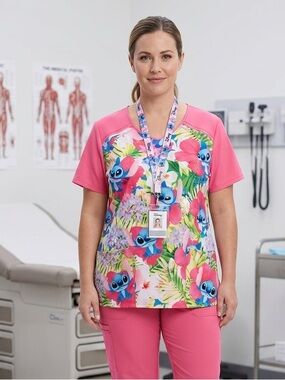 Disney Stitch Scrub Top 2X Pink Tropical Nurse Vet Tech Floral